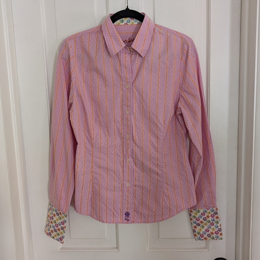 Robert‎ Graham Womens Preppy Button Up Top SMALL Contrast Cuff Floral Polka Dots